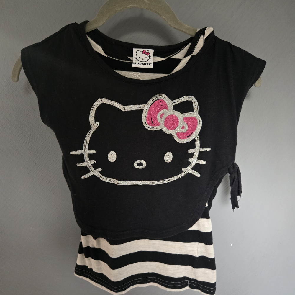 Hello Kitty Black and White Striped Tee with Pink Bow